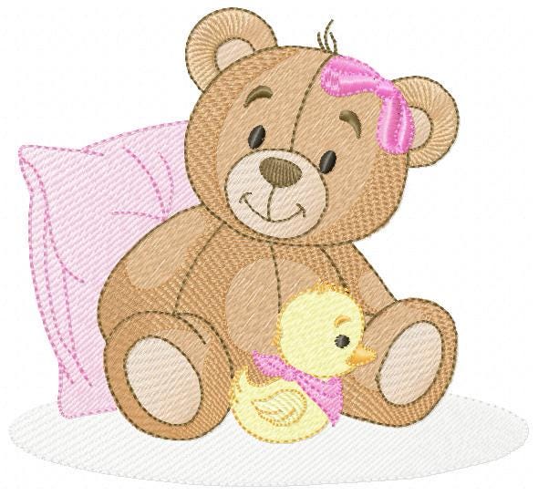 Baby Girl Teddy Bear embroidery designs - Sleeping Bear with duck and pillow machine embroidery pattern - Instant digital download pes jef
