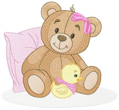 Baby Girl Teddy Bear embroidery designs - Sleeping Bear with duck and pillow machine embroidery pattern - Instant digital download pes jef