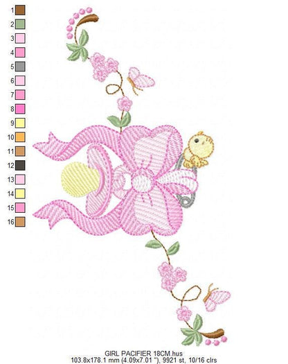 Baby girl pink ribbon and pacifier embroidery designs - Newborn toy machine embroidery pattern - Princess bow lace - Instant download pes