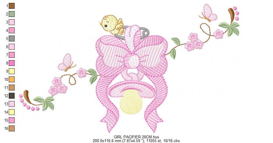 Baby girl pink ribbon and pacifier embroidery designs - Newborn toy machine embroidery pattern - Princess bow lace - Instant download pes