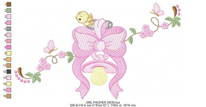 Baby girl pink ribbon and pacifier embroidery designs - Newborn toy machine embroidery pattern - Princess bow lace - Instant download pes