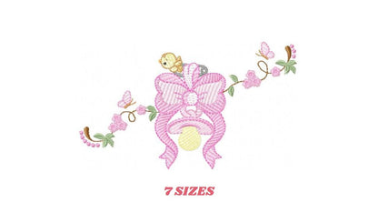Baby girl pink ribbon and pacifier embroidery designs - Newborn toy machine embroidery pattern - Princess bow lace - Instant download pes