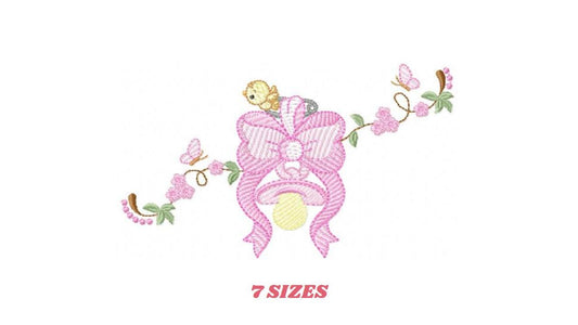 Baby girl pink ribbon and pacifier embroidery designs - Newborn toy machine embroidery pattern - Princess bow lace - Instant download pes
