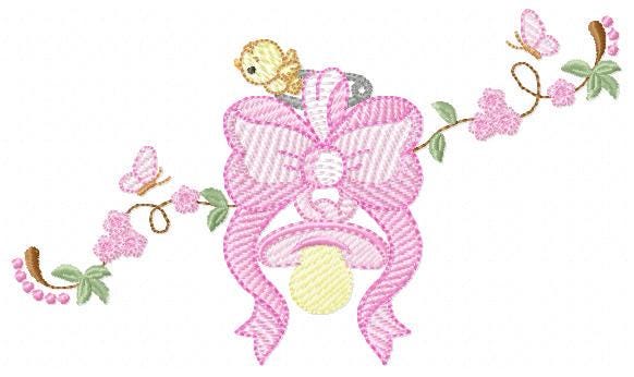 Baby girl pink ribbon and pacifier embroidery designs - Newborn toy machine embroidery pattern - Princess bow lace - Instant download pes