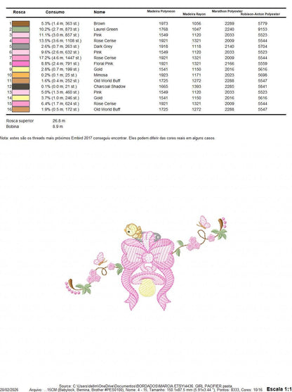 Baby girl pink ribbon and pacifier embroidery designs - Newborn toy machine embroidery pattern - Princess bow lace - Instant download pes