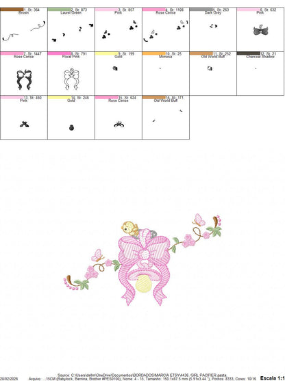 Baby girl pink ribbon and pacifier embroidery designs - Newborn toy machine embroidery pattern - Princess bow lace - Instant download pes