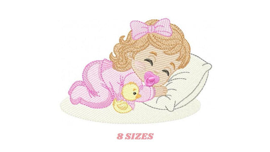 Sleeping Baby girl with pacifier embroidery designs - Child with pillow machine embroidery pattern - Princess file - Instant download pes