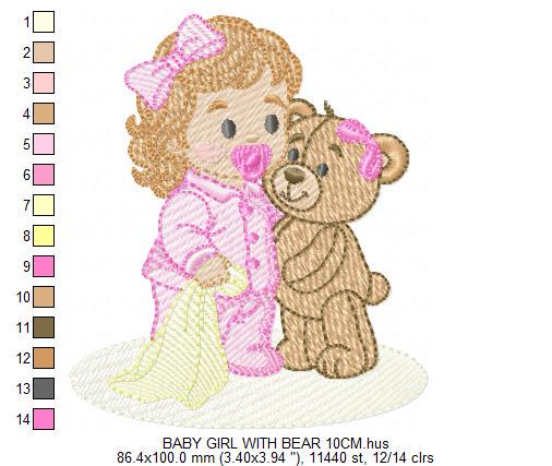 Baby Girl with pacifier and Lovey blankie embroidery designs - Pink Teddy bear machine embroidery pattern - Instant digital download pes jef