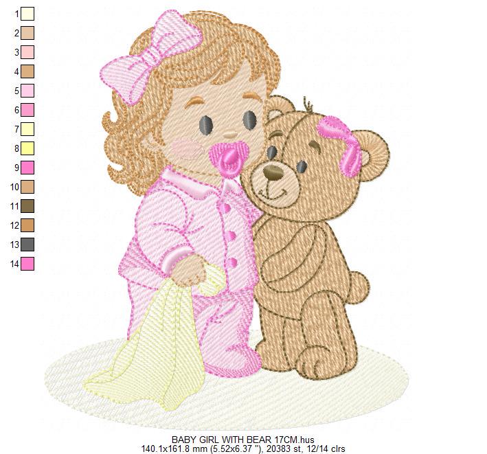 Baby Girl with pacifier and Lovey blankie embroidery designs - Pink Teddy bear machine embroidery pattern - Instant digital download pes jef