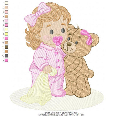 Baby Girl with pacifier and Lovey blankie embroidery designs - Pink Teddy bear machine embroidery pattern - Instant digital download pes jef