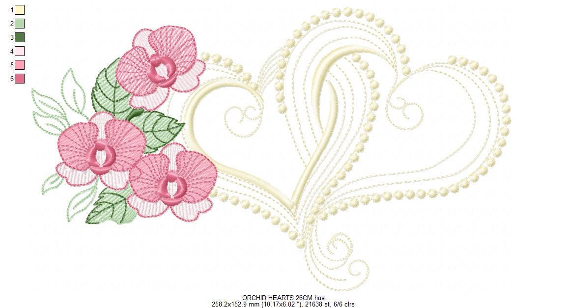 Hearts with moth orchid flowers embroidery designs - Flower heart frame machine embroidery pattern - Baby girl file - Instant download pes