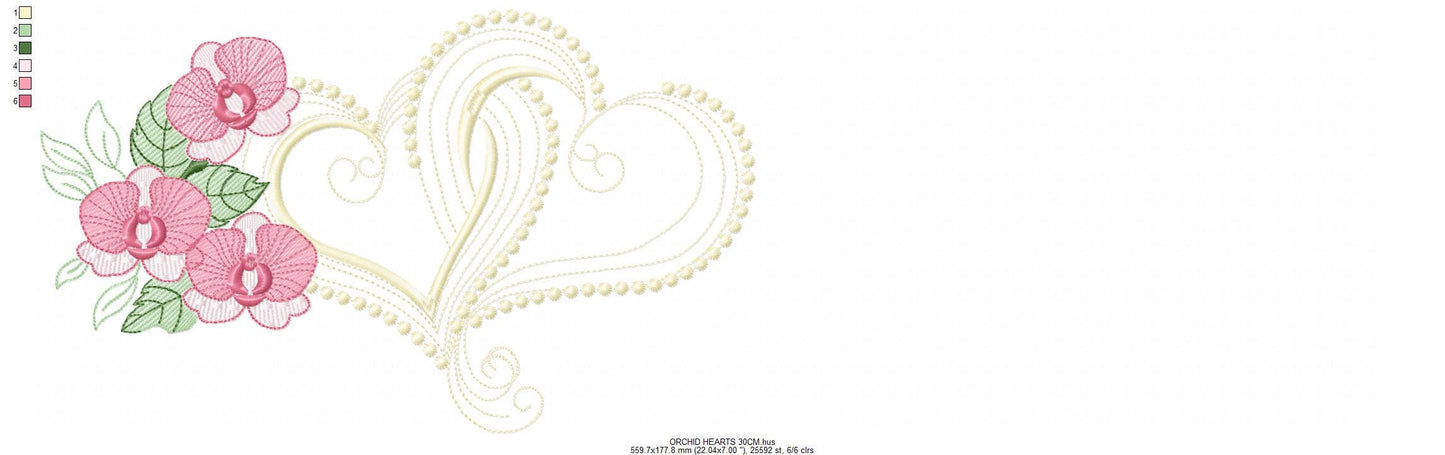 Hearts with moth orchid flowers embroidery designs - Flower heart frame machine embroidery pattern - Baby girl file - Instant download pes