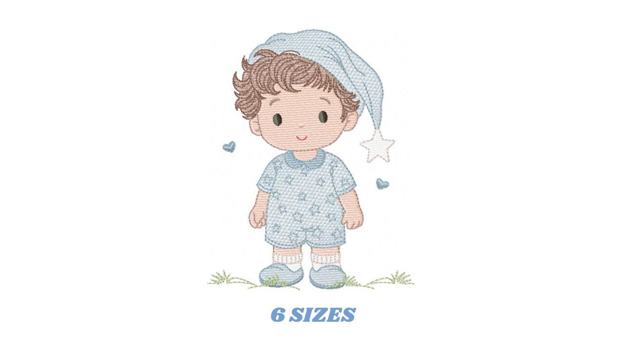 Baby Boy with pajamas embroidery designs - Baby boy with stars and hearts machine embroidery pattern - Instant digital download pes jef dst
