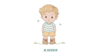 Baby Boy with hearts embroidery designs - Toddler playing machine embroidery pattern - Boy with blond hair - Instant digital download pes