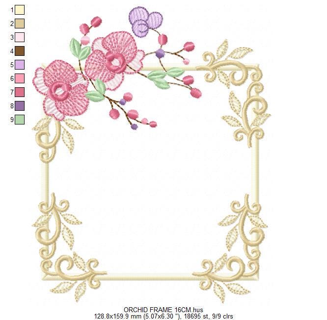 Orchid Flower Frame embroidery designs - Phalaenopsis moth Wreath machine embroidery pattern - Kitchen Tea Towel file - Instant download pes