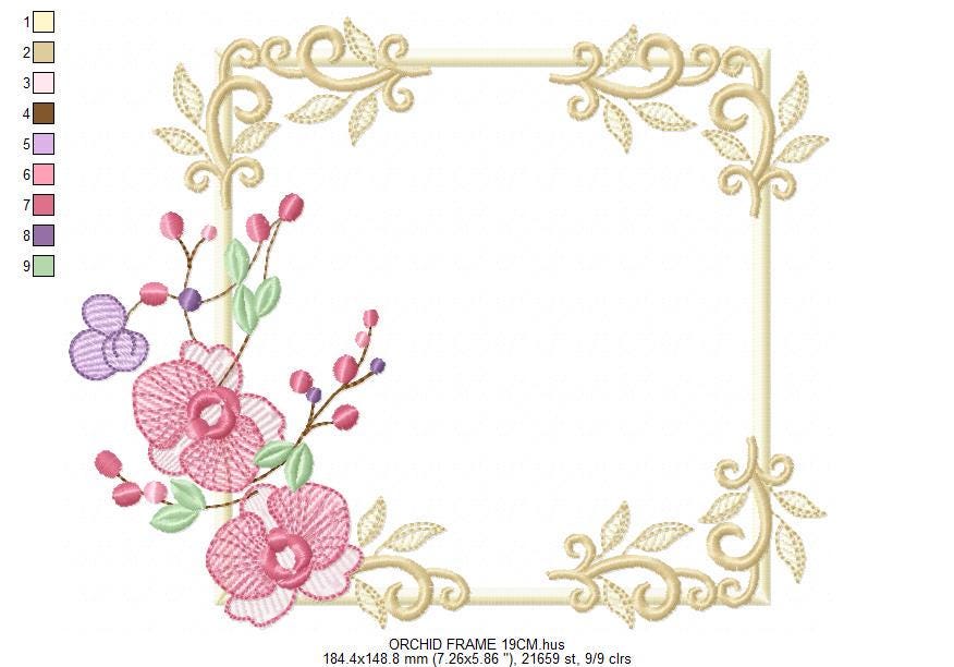 Orchid Flower Frame embroidery designs - Phalaenopsis moth Wreath machine embroidery pattern - Kitchen Tea Towel file - Instant download pes