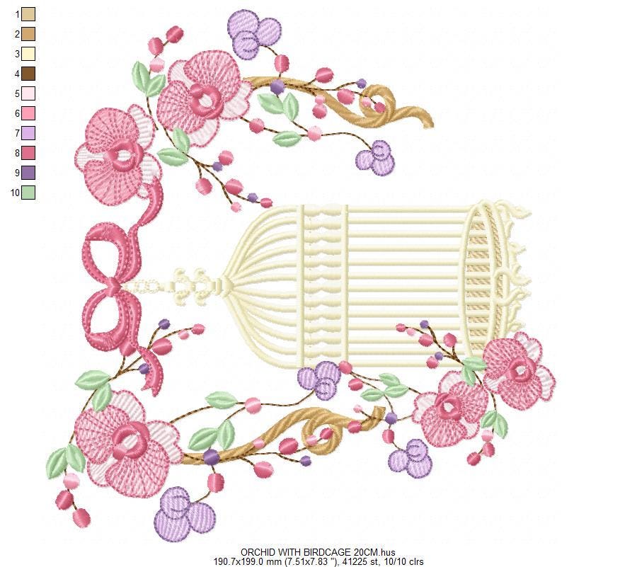 Birdcage with Flowers embroidery designs - Moth Orchid Flowers machine embroidery pattern - Baby girl file - Instant digital download pes