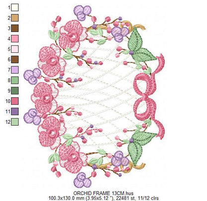 Orchid Flower Frame embroidery designs - Moth phalaenopsis machine embroidery pattern - Kitchen Tea Towel file - Instant digital download