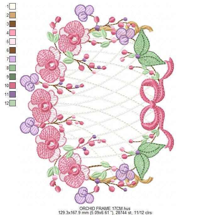 Orchid Flower Frame embroidery designs - Moth phalaenopsis machine embroidery pattern - Kitchen Tea Towel file - Instant digital download