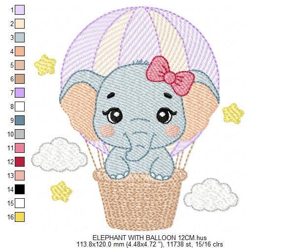 Baby Elephant with hot air balloon embroidery designs - Safari Wild Animal machine embroidery pattern - Baby girl file - Instant download