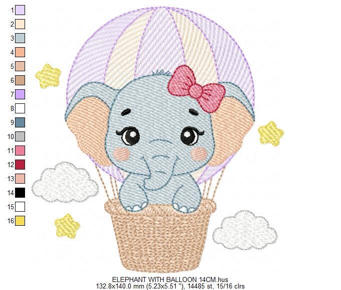 Baby Elephant with hot air balloon embroidery designs - Safari Wild Animal machine embroidery pattern - Baby girl file - Instant download
