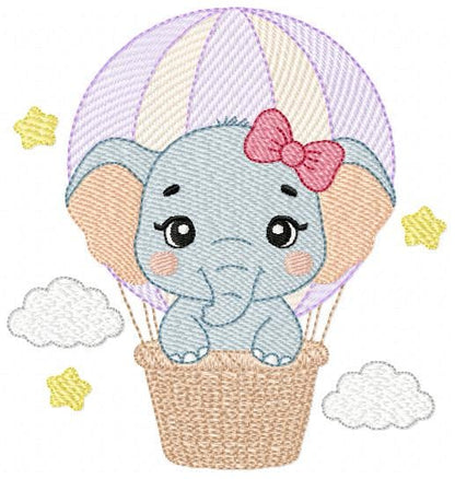 Baby Elephant with hot air balloon embroidery designs - Safari Wild Animal machine embroidery pattern - Baby girl file - Instant download