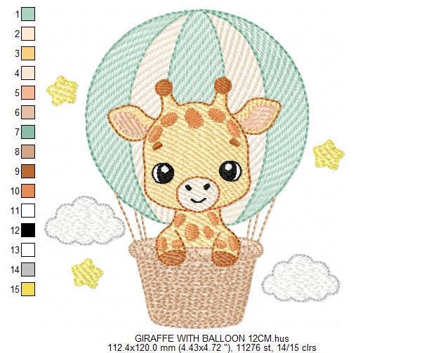 Giraffe with hot air balloon embroidery design - Safari Wild Animal machine pattern - Baby Girl Giraffe - Instant digital download pes jef