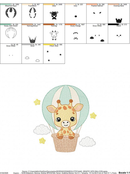 Giraffe with hot air balloon embroidery design - Safari Wild Animal machine pattern - Baby Girl Giraffe - Instant digital download pes jef