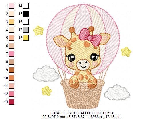 Giraffe with balloons embroidery design - Safari Wild Animal machine pattern - Baby Girl Giraffe with pink lace - Instant digital download