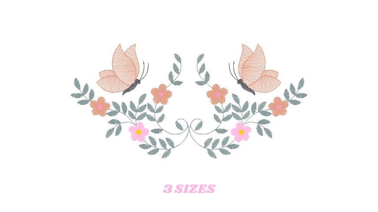 May include: Embroidered design featuring two pink butterflies with black accents, flying above a symmetrical arrangement of green leaves and pink and peach flowers. The design includes the text "3 SIZES".
