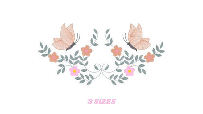May include: Embroidered design featuring two pink butterflies with black accents, flying above a symmetrical arrangement of green leaves and pink and peach flowers. The design includes the text "3 SIZES".