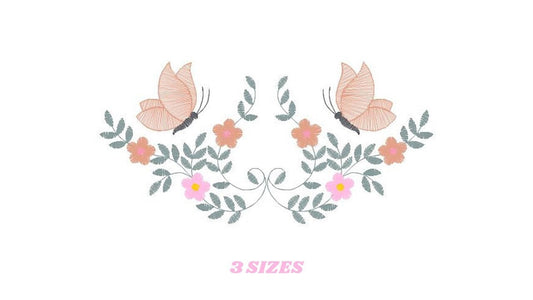 May include: Embroidered design featuring two pink butterflies with black accents, flying above a symmetrical arrangement of green leaves and pink and peach flowers. The design includes the text "3 SIZES".