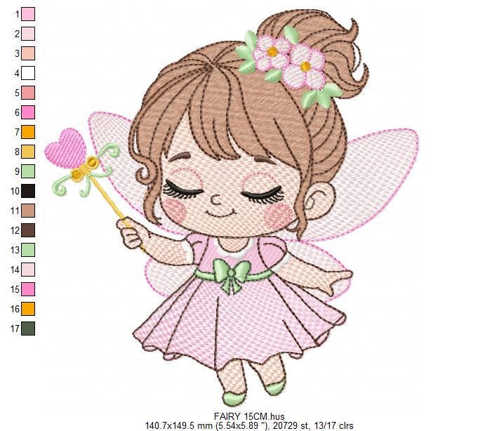 Fairy with flowers embroidery designs - Baby girl with wings and wand machine embroidery pattern - Garden Pixie file - Instant Download pes