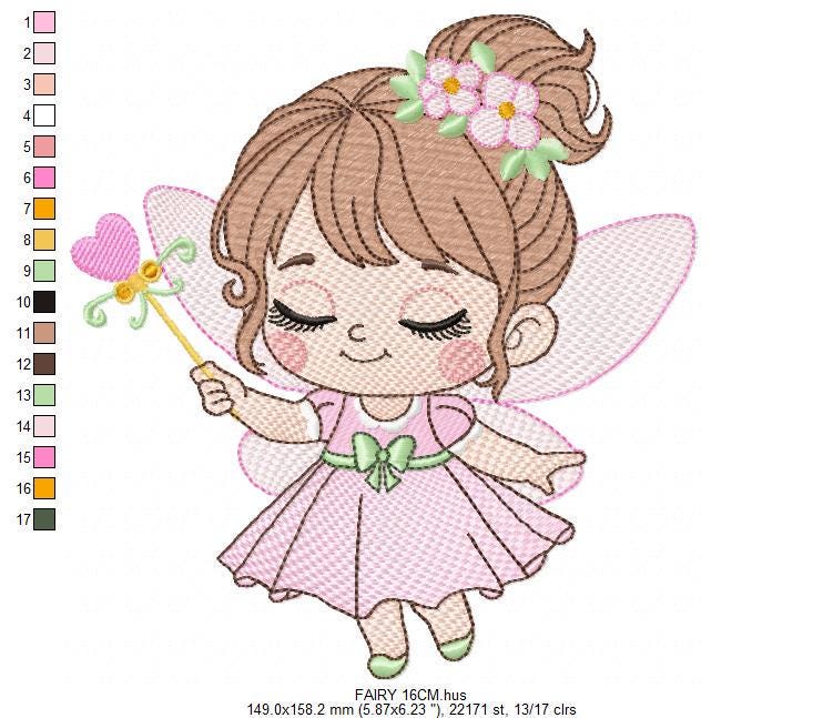 Fairy with flowers embroidery designs - Baby girl with wings and wand machine embroidery pattern - Garden Pixie file - Instant Download pes