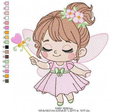 Fairy with flowers embroidery designs - Baby girl with wings and wand machine embroidery pattern - Garden Pixie file - Instant Download pes