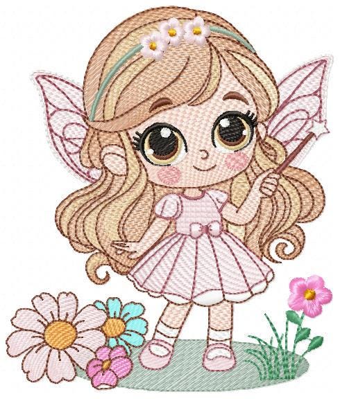 Fairy with flowers embroidery designs - Baby girl with wings and wand machine embroidery pattern - Garden Pixie file - Instant Download pes