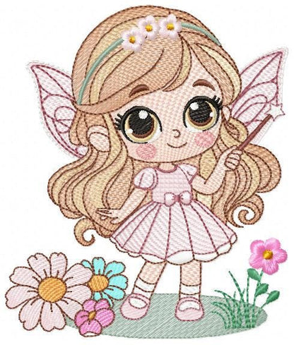 Fairy with flowers embroidery designs - Baby girl with wings and wand machine embroidery pattern - Garden Pixie file - Instant Download pes