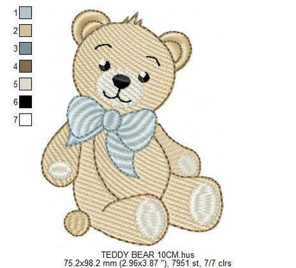 Teddy Bear embroidery designs - Baby boy toy machine embroidery pattern - Cute Bear with bow tie file - Instant digital download pes jef dst