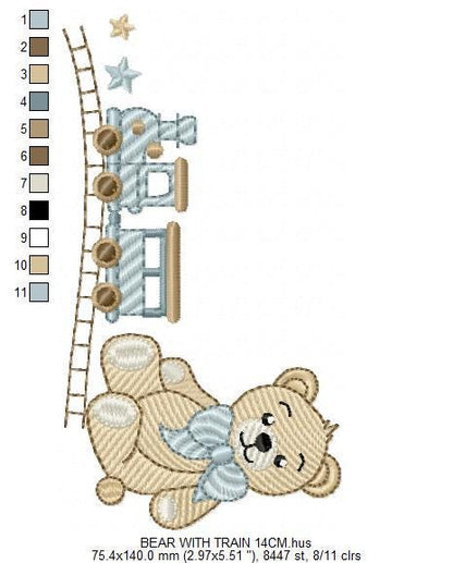 Bear with toy train embroidery designs - Baby boy Teddy bear with bow tie machine embroidery pattern - Instant digital download pes jef dst