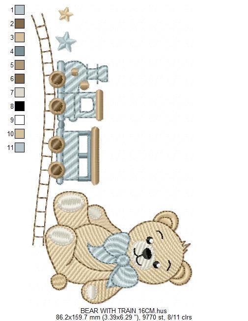 Bear with toy train embroidery designs - Baby boy Teddy bear with bow tie machine embroidery pattern - Instant digital download pes jef dst