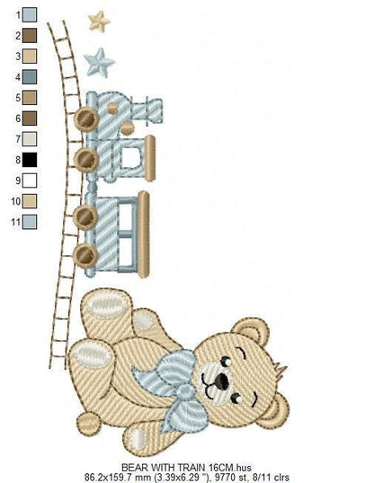 Bear with toy train embroidery designs - Baby boy Teddy bear with bow tie machine embroidery pattern - Instant digital download pes jef dst