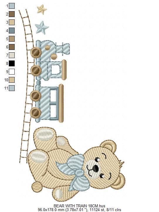 Bear with toy train embroidery designs - Baby boy Teddy bear with bow tie machine embroidery pattern - Instant digital download pes jef dst