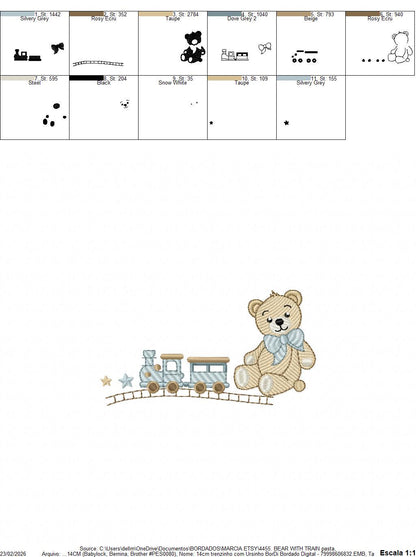 Bear with toy train embroidery designs - Baby boy Teddy bear with bow tie machine embroidery pattern - Instant digital download pes jef dst