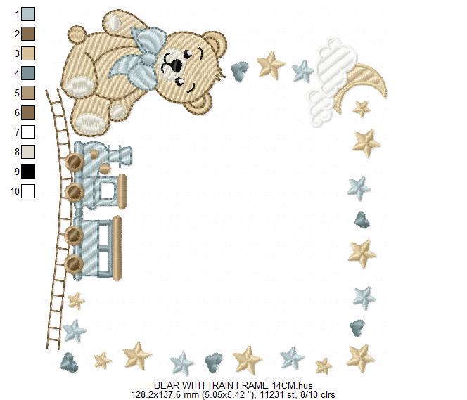 Bear with toy train embroidery designs - Baby boy Teddy with stars and clouds machine embroidery pattern - Instant digital download pes jef