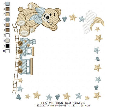 Bear with toy train embroidery designs - Baby boy Teddy with stars and clouds machine embroidery pattern - Instant digital download pes jef