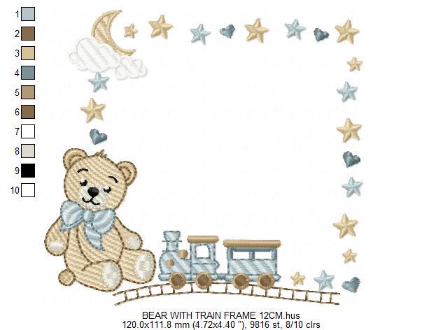 Bear with toy train embroidery designs - Baby boy Teddy with stars and clouds machine embroidery pattern - Instant digital download pes jef