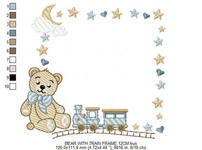 Bear with toy train embroidery designs - Baby boy Teddy with stars and clouds machine embroidery pattern - Instant digital download pes jef