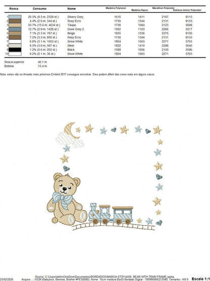 Bear with toy train embroidery designs - Baby boy Teddy with stars and clouds machine embroidery pattern - Instant digital download pes jef