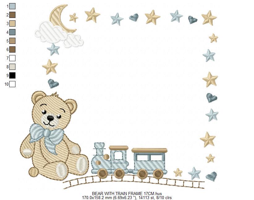 Bear with toy train embroidery designs - Baby boy Teddy with stars and clouds machine embroidery pattern - Instant digital download pes jef