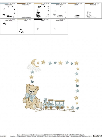 Bear with toy train embroidery designs - Baby boy Teddy with stars and clouds machine embroidery pattern - Instant digital download pes jef